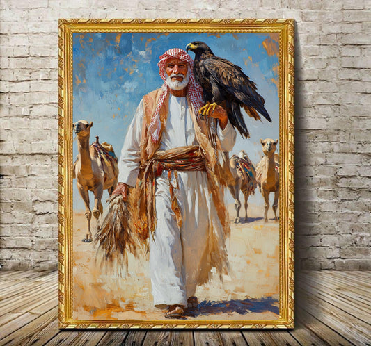 Arabian Falconer Desert Art, Traditional Middle Eastern Wall Print, Saudi Bedouin Culture, Old Saudi Man with Falcon, Saudi Arabia Desert