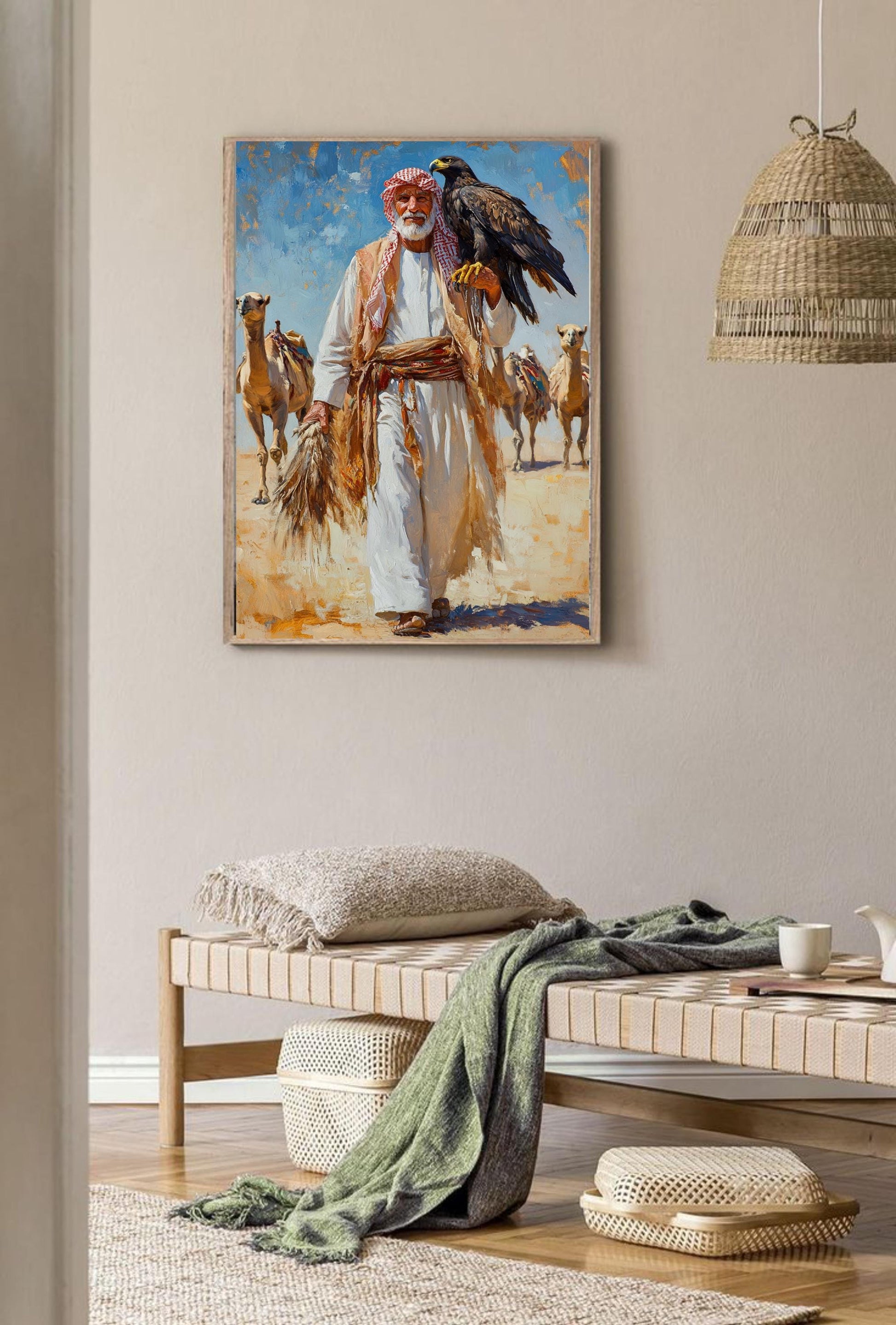 Arabian Falconer Desert Art, Traditional Middle Eastern Wall Print, Saudi Bedouin Culture, Old Saudi Man with Falcon, Saudi Arabia Desert