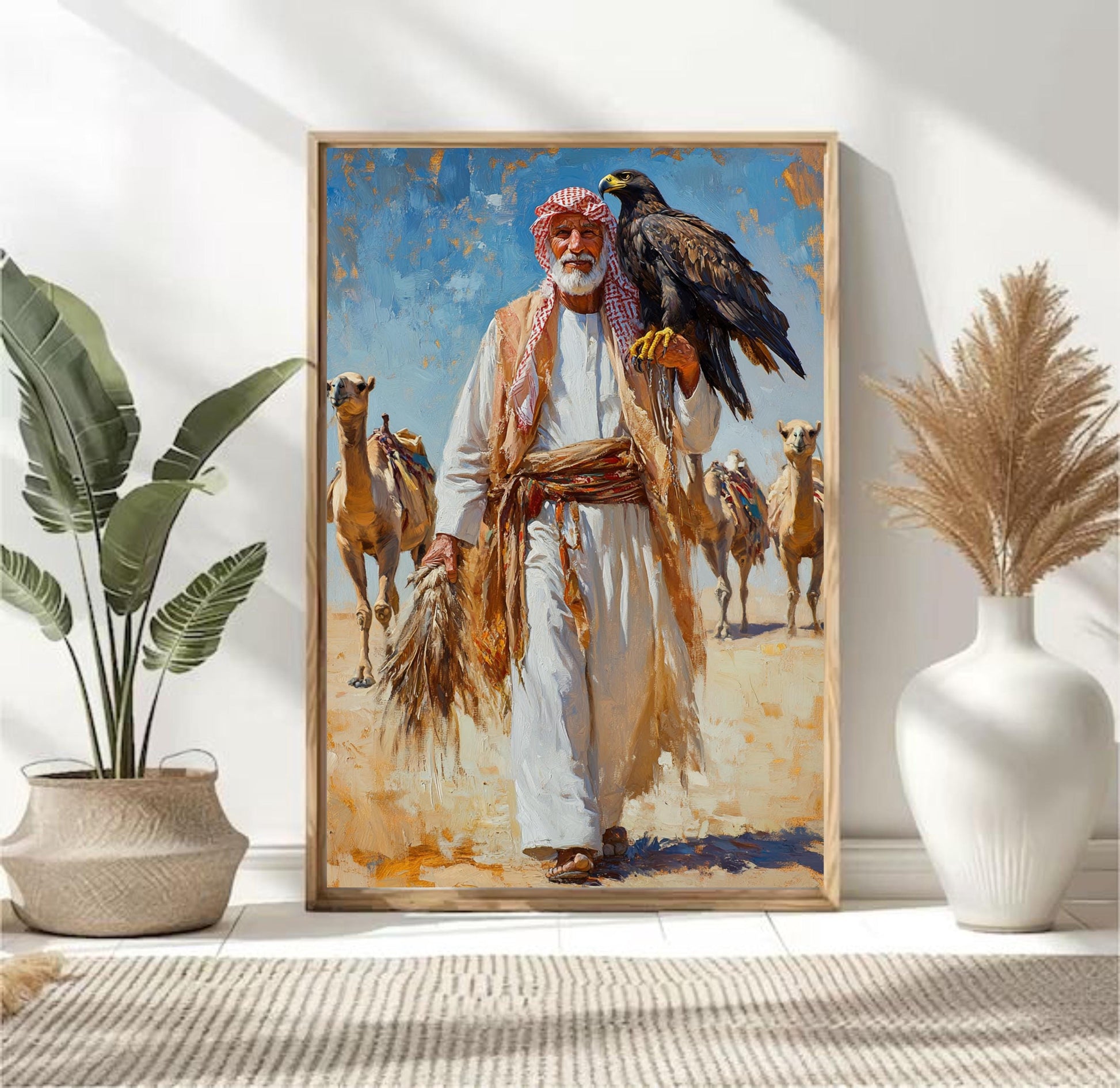 Arabian Falconer Desert Art, Traditional Middle Eastern Wall Print, Saudi Bedouin Culture, Old Saudi Man with Falcon, Saudi Arabia Desert