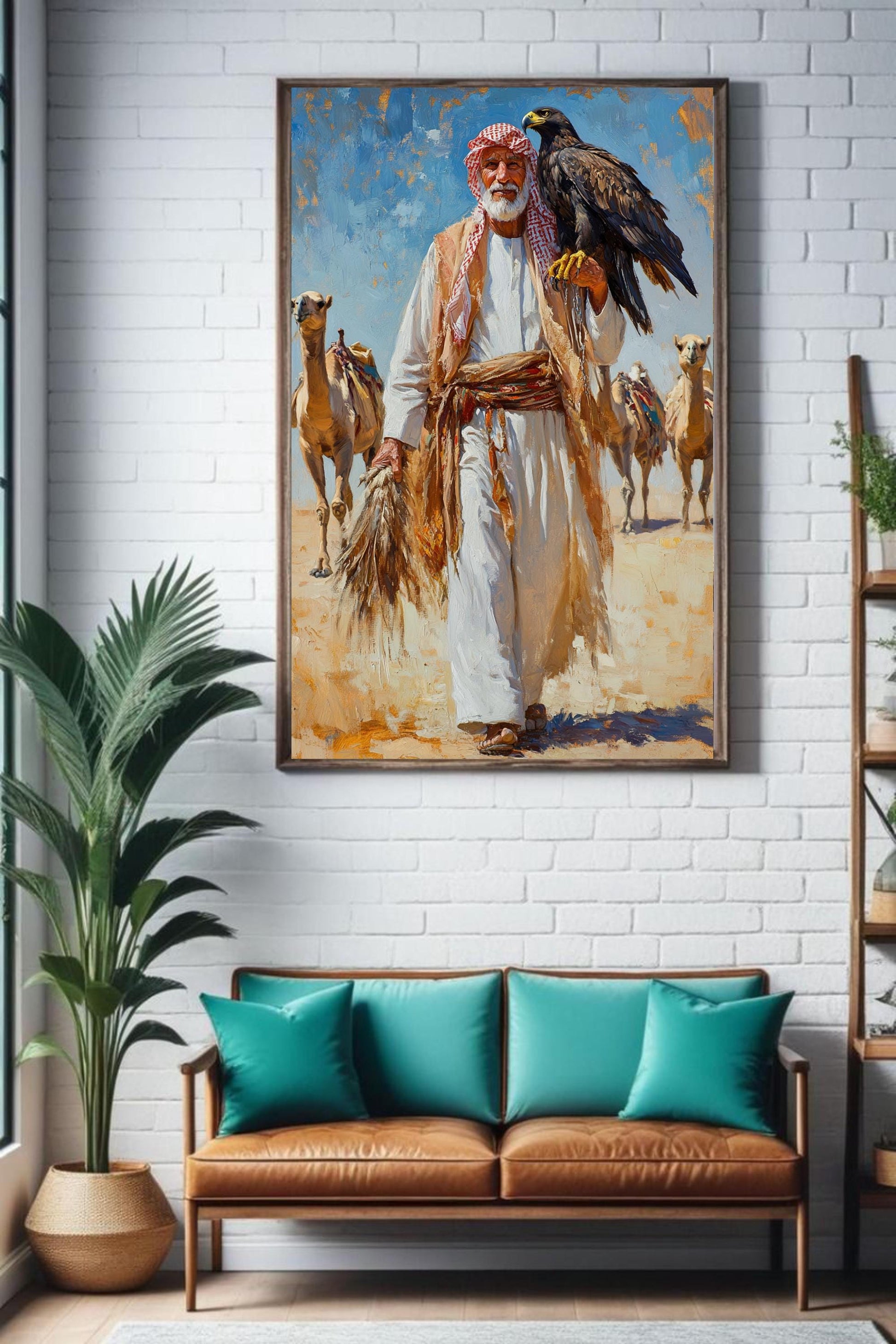 Arabian Falconer Desert Art, Traditional Middle Eastern Wall Print, Saudi Bedouin Culture, Old Saudi Man with Falcon, Saudi Arabia Desert