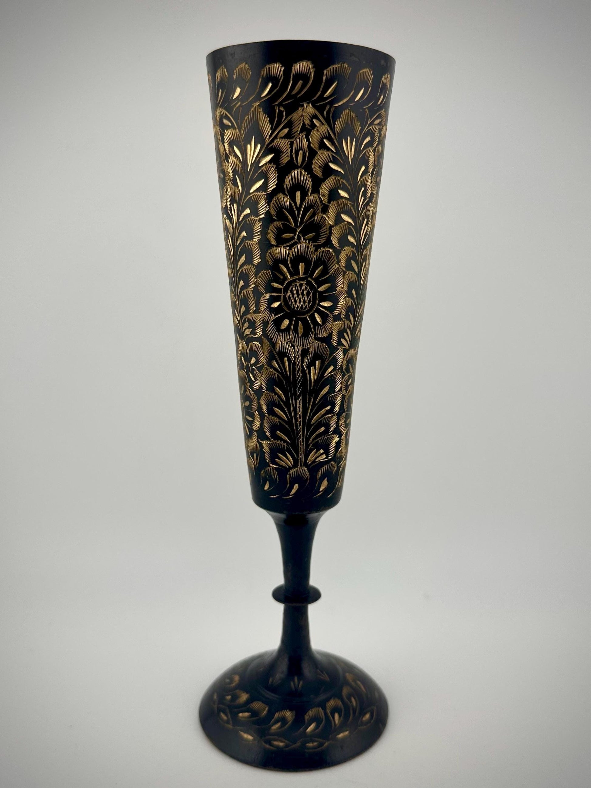 Vintage Collectible Brass Hand-Etched Indian Bud Vase Black and Gold – 8.25"