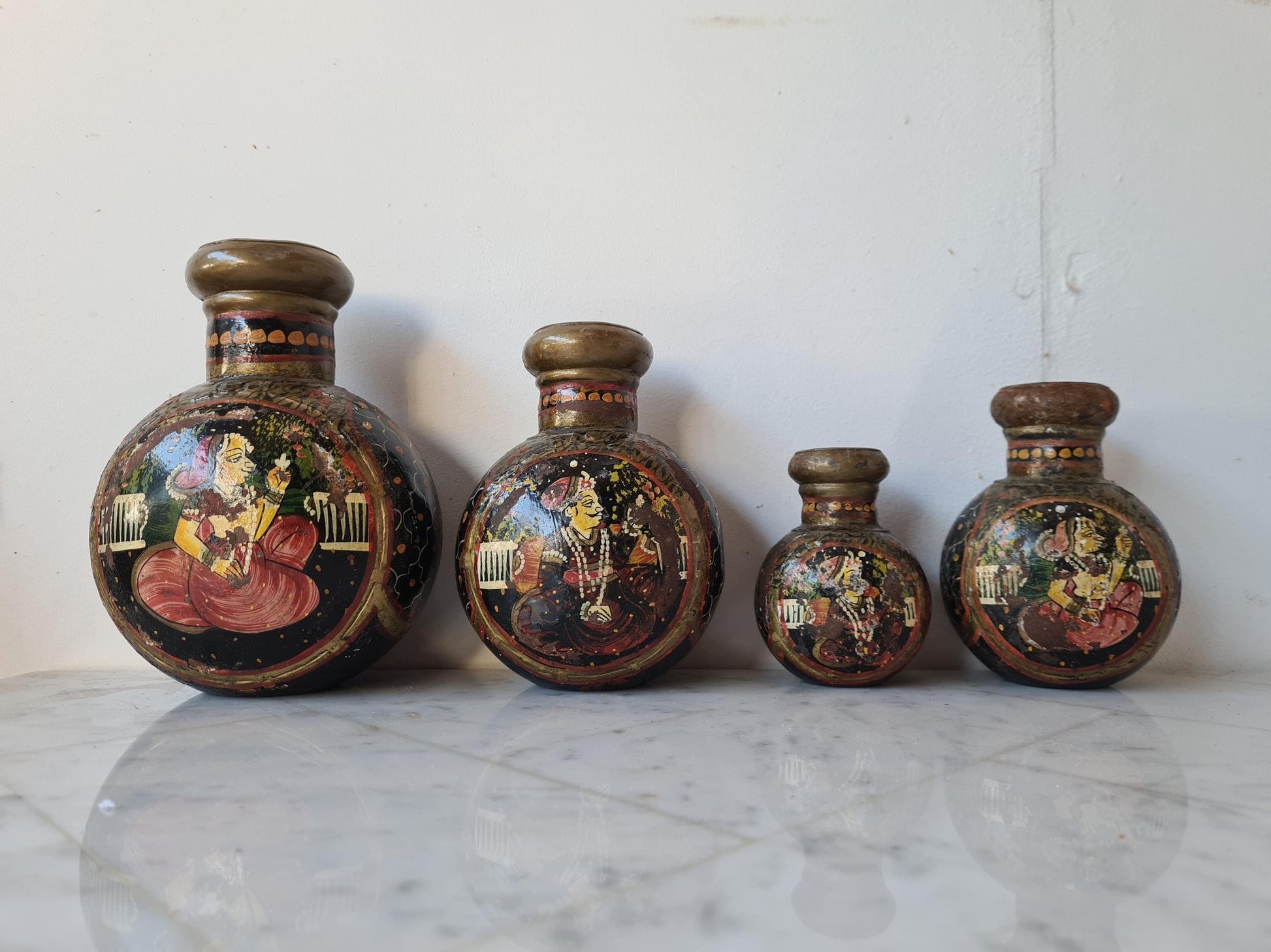Rare Antique Rajasthani Hand Painted Indian Metal Water Bottles, Set of Four Bottles.