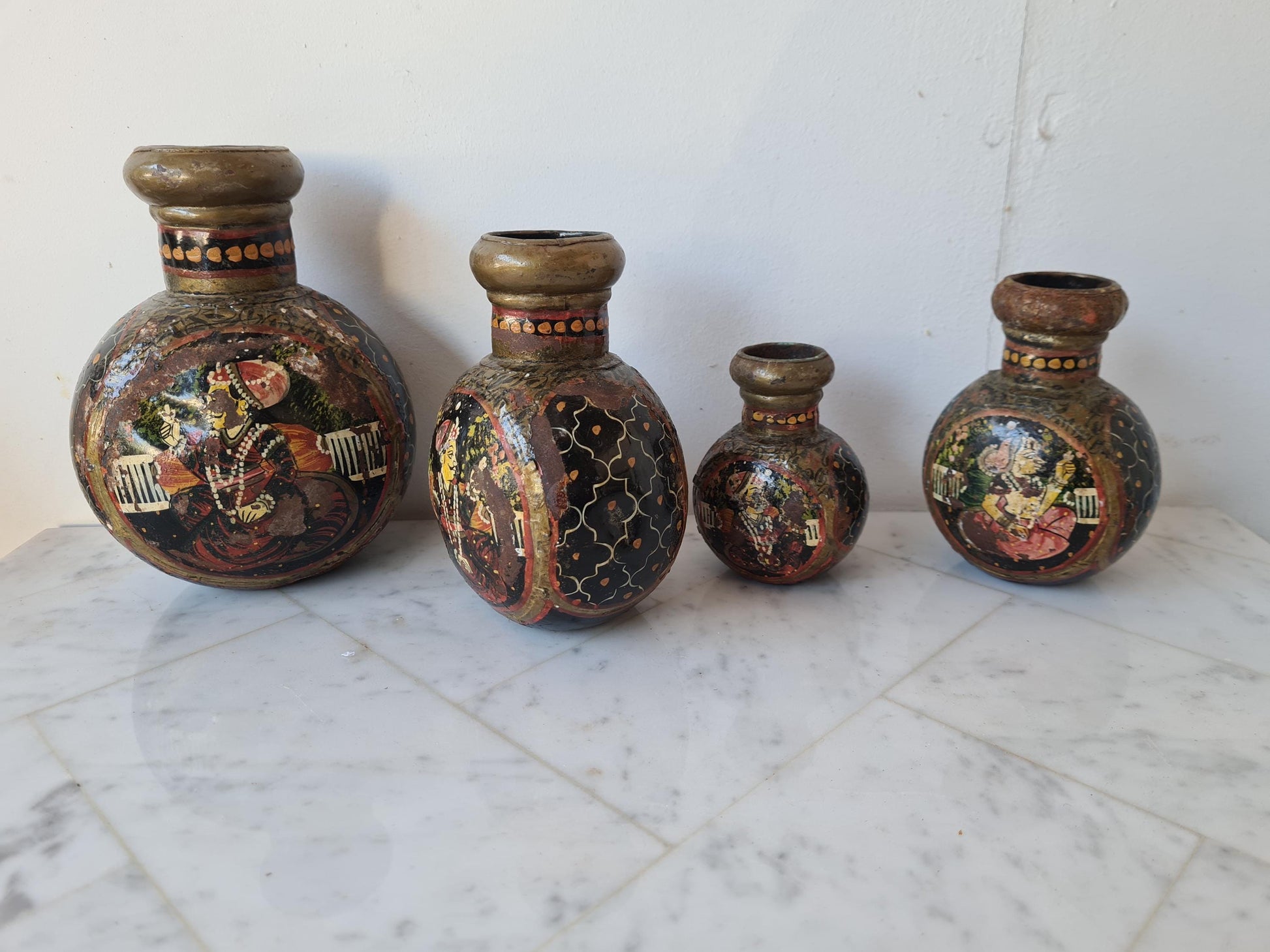 Rare Antique Rajasthani Hand Painted Indian Metal Water Bottles, Set of Four Bottles.