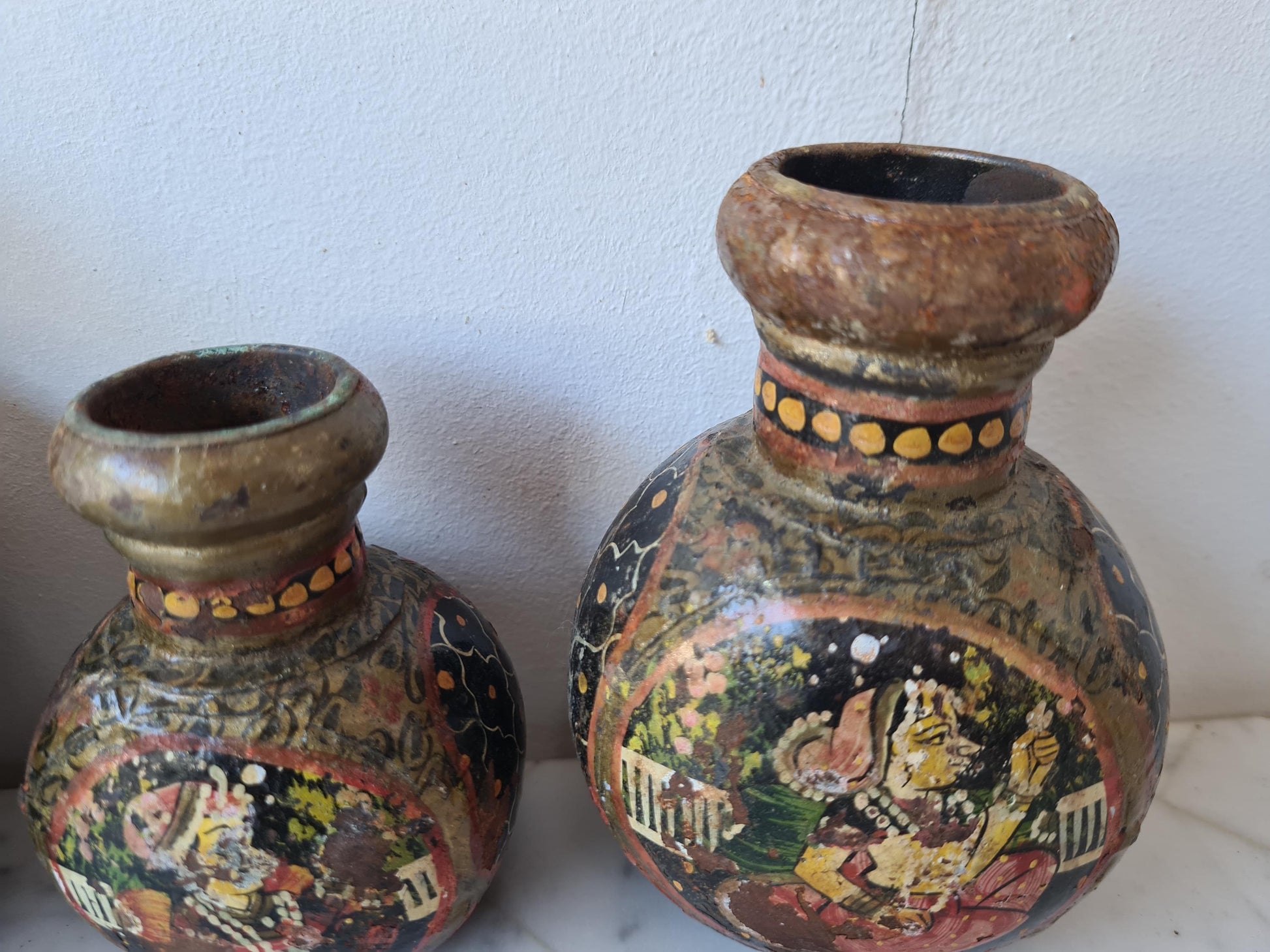 Rare Antique Rajasthani Hand Painted Indian Metal Water Bottles, Set of Four Bottles.