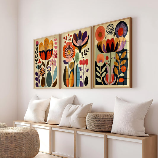 Scandinavian Art Norwegian Folk Art Floral Print Set of 3 Nordic Wall Art Scandi Folk Poster Boho Wall Decor Living Room Prints