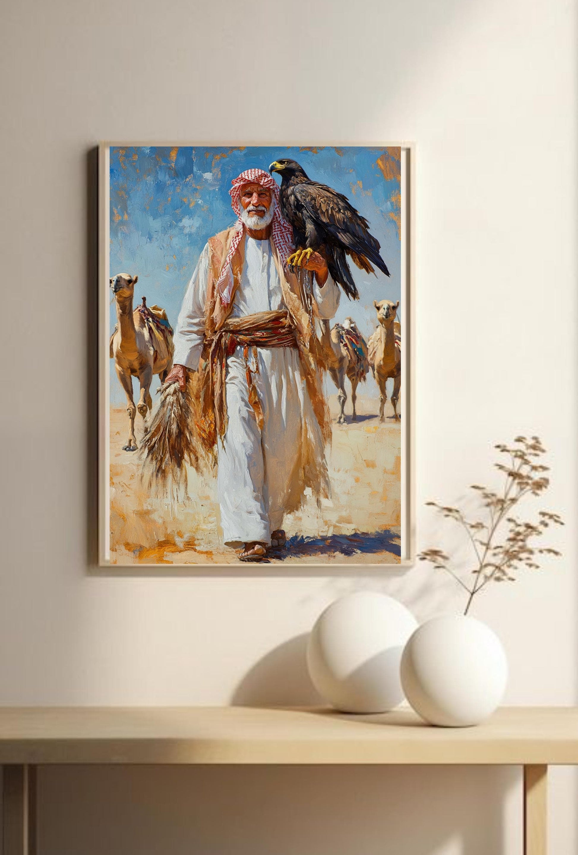 Arabian Falconer Desert Art, Traditional Middle Eastern Wall Print, Saudi Bedouin Culture, Old Saudi Man with Falcon, Saudi Arabia Desert