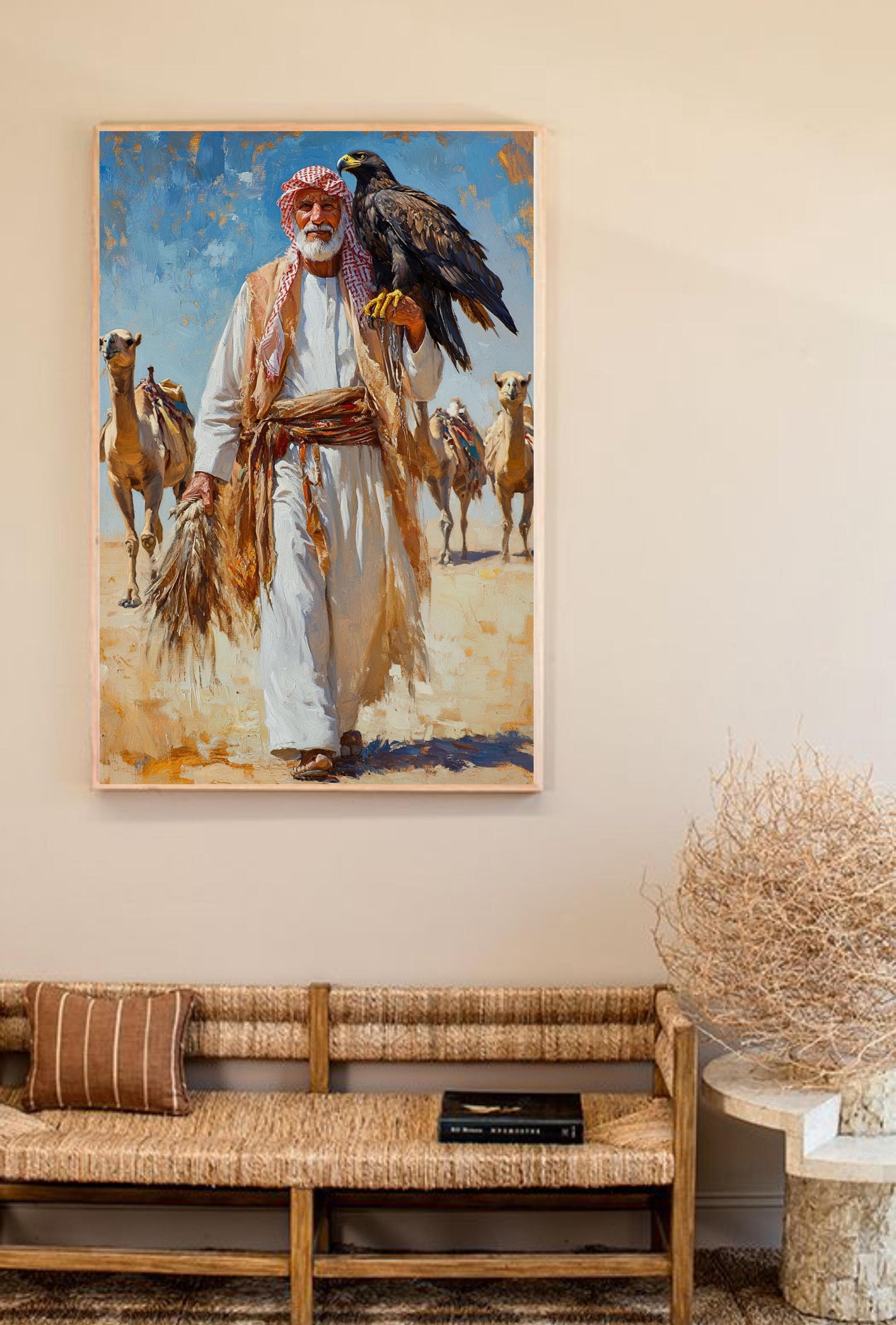 Arabian Falconer Desert Art, Traditional Middle Eastern Wall Print, Saudi Bedouin Culture, Old Saudi Man with Falcon, Saudi Arabia Desert