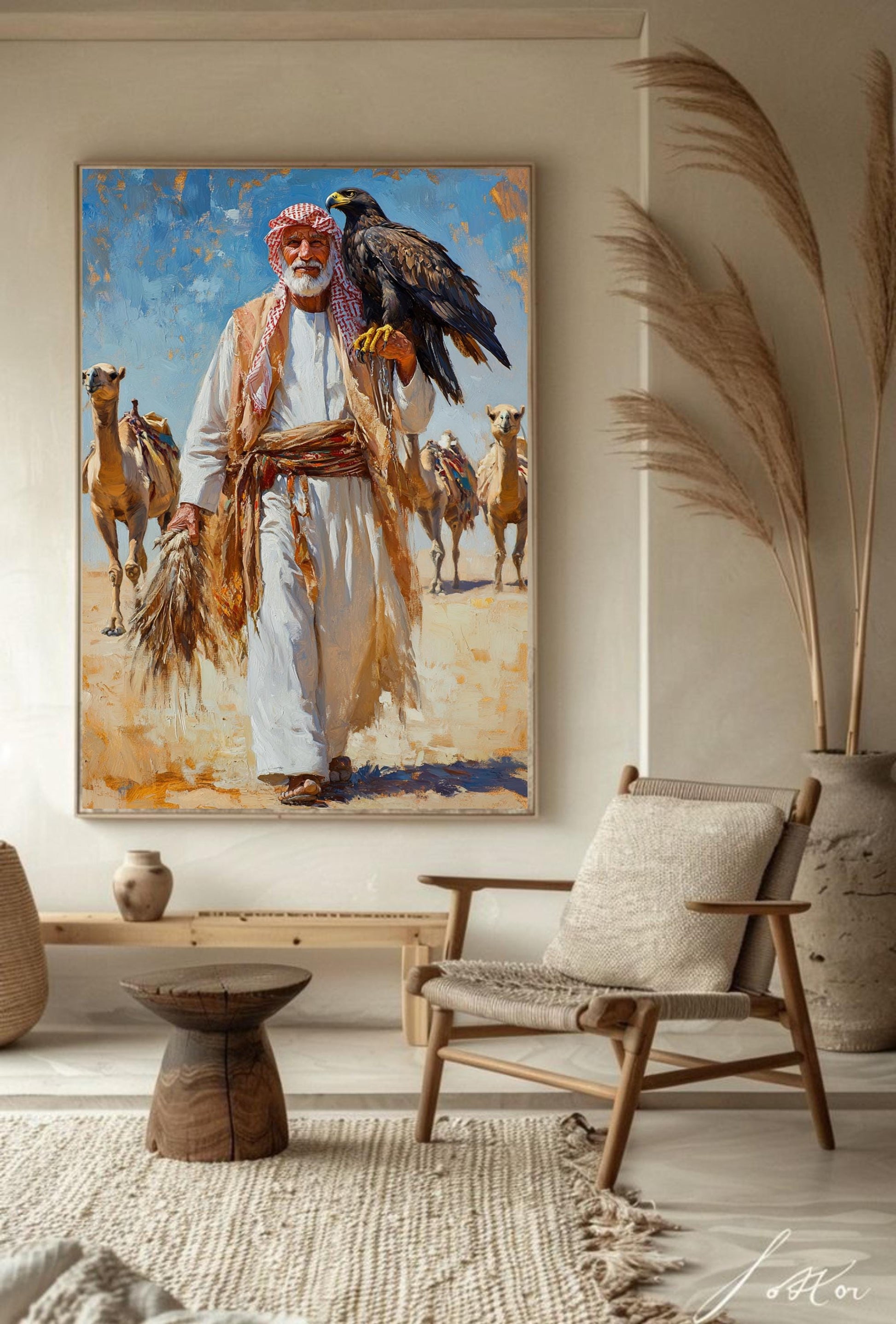 Arabian Falconer Desert Art, Traditional Middle Eastern Wall Print, Saudi Bedouin Culture, Old Saudi Man with Falcon, Saudi Arabia Desert