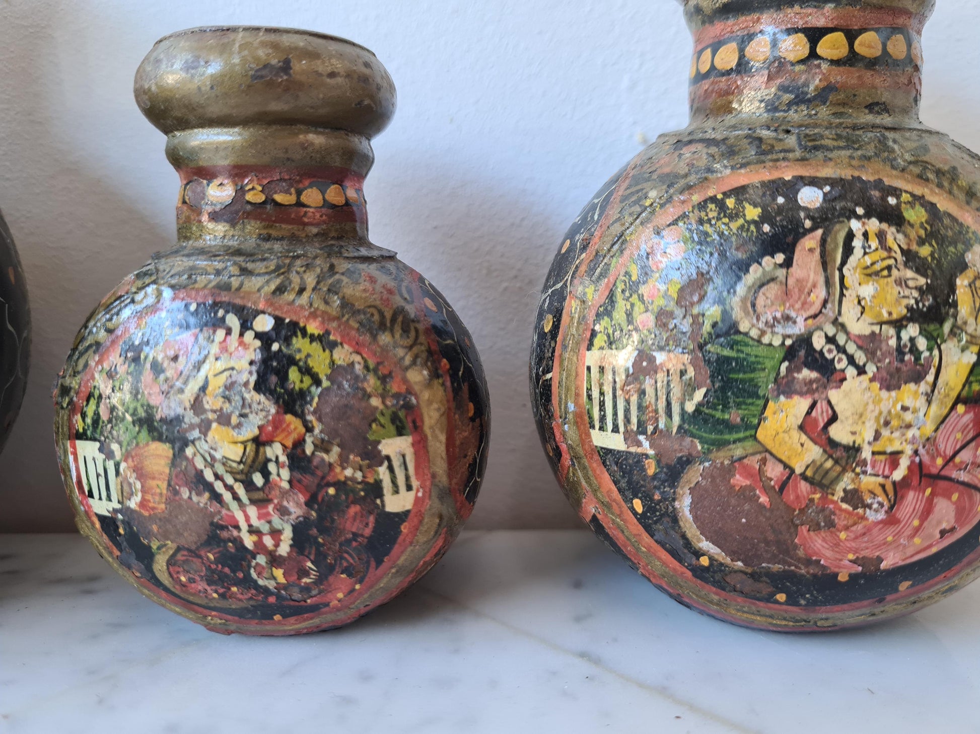 Rare Antique Rajasthani Hand Painted Indian Metal Water Bottles, Set of Four Bottles.