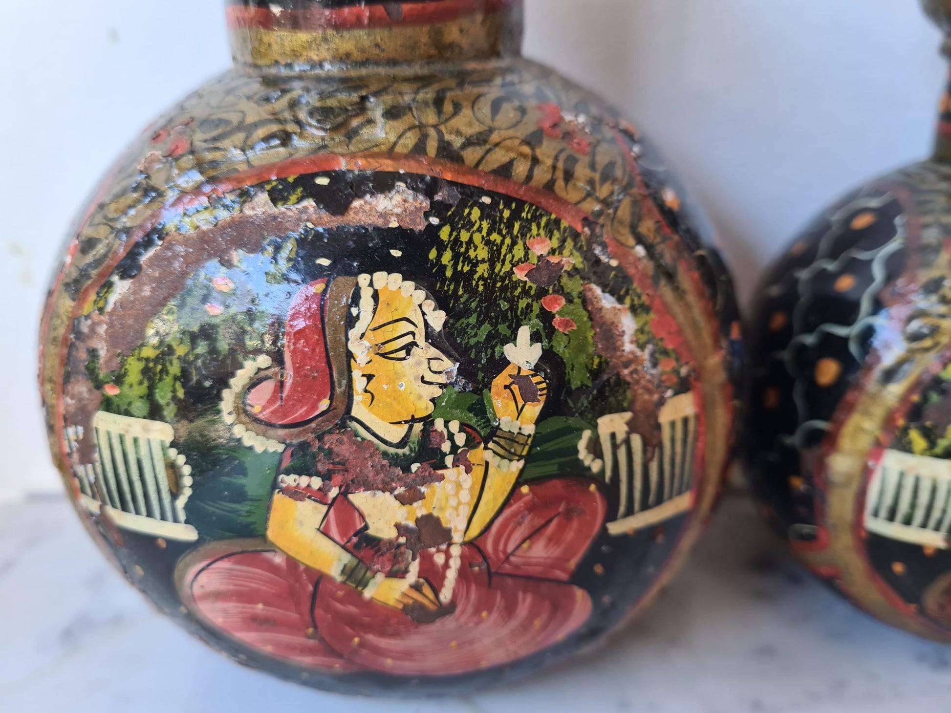 Rare Antique Rajasthani Hand Painted Indian Metal Water Bottles, Set of Four Bottles.