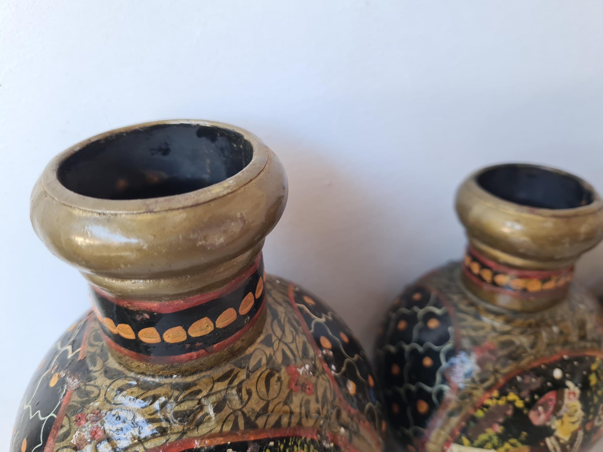 Rare Antique Rajasthani Hand Painted Indian Metal Water Bottles, Set of Four Bottles.