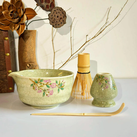 Flower Ceramic Matcha Whisk Set with Bamboo Whisk, Ceramic Matcha Bowl Set with Spout, Unique Matcha Kit Tea Set, Matcha Gift Set Gift Ideas
