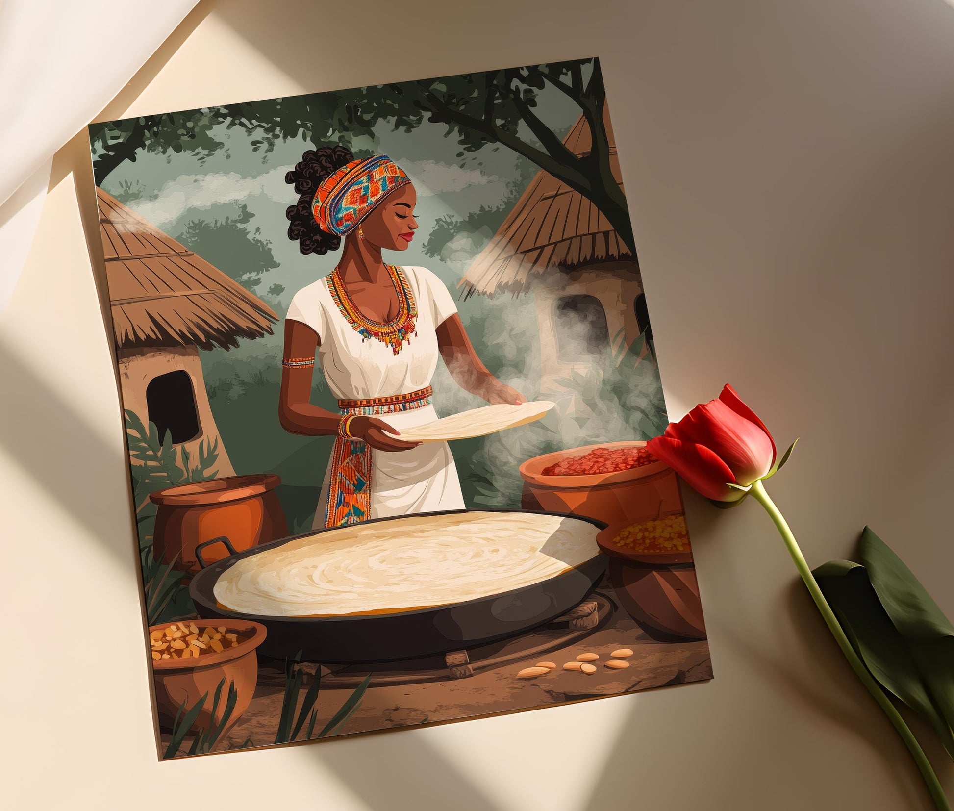 Ethiopian Woman Cooking Injera Art Print, Traditional African Kitchen, Cultural Decor
