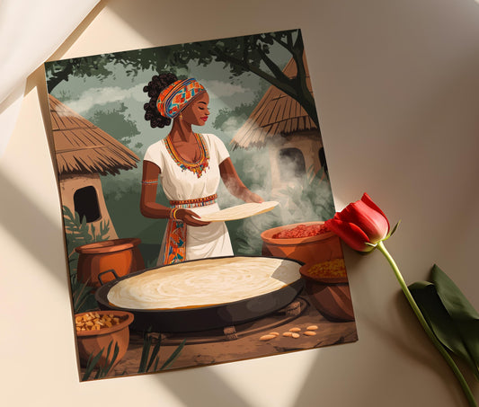 Ethiopian Woman Cooking Injera Art Print, Traditional African Kitchen, Cultural Decor