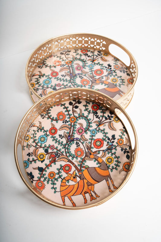 Decorative Trays Set of Two 10" and 8" | Indian Festival Decor | Return Gifts | Pichwai Trays | Housewarming | Half Saree Gifting Trays