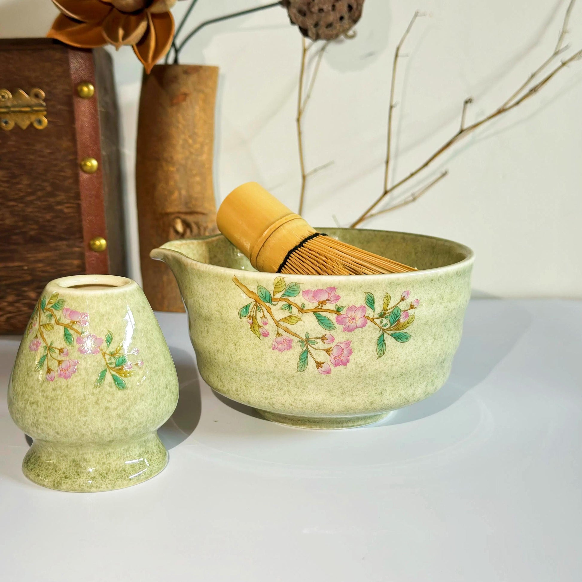 Flower Ceramic Matcha Whisk Set with Bamboo Whisk, Ceramic Matcha Bowl Set with Spout, Unique Matcha Kit Tea Set, Matcha Gift Set Gift Ideas