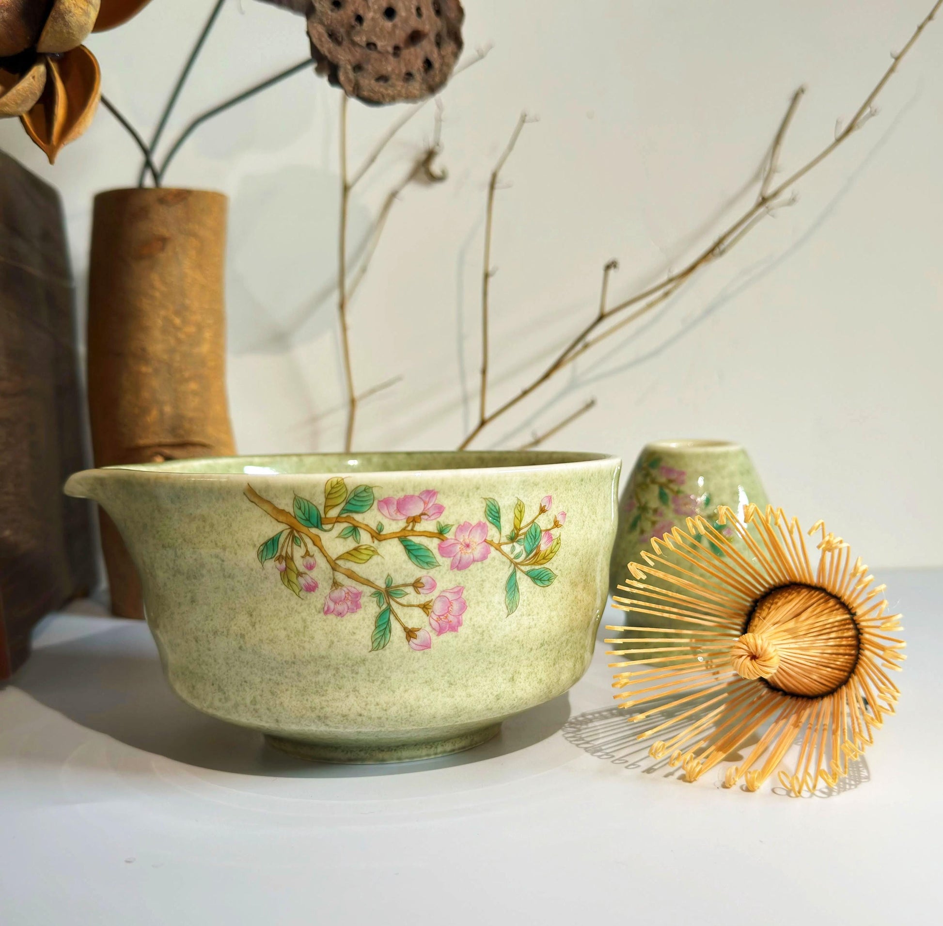 Flower Ceramic Matcha Whisk Set with Bamboo Whisk, Ceramic Matcha Bowl Set with Spout, Unique Matcha Kit Tea Set, Matcha Gift Set Gift Ideas