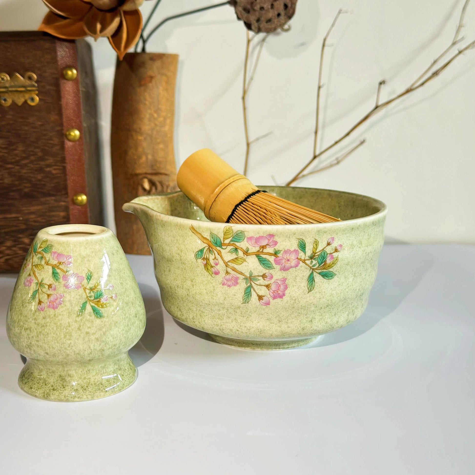 Flower Ceramic Matcha Whisk Set with Bamboo Whisk, Ceramic Matcha Bowl Set with Spout, Unique Matcha Kit Tea Set, Matcha Gift Set Gift Ideas