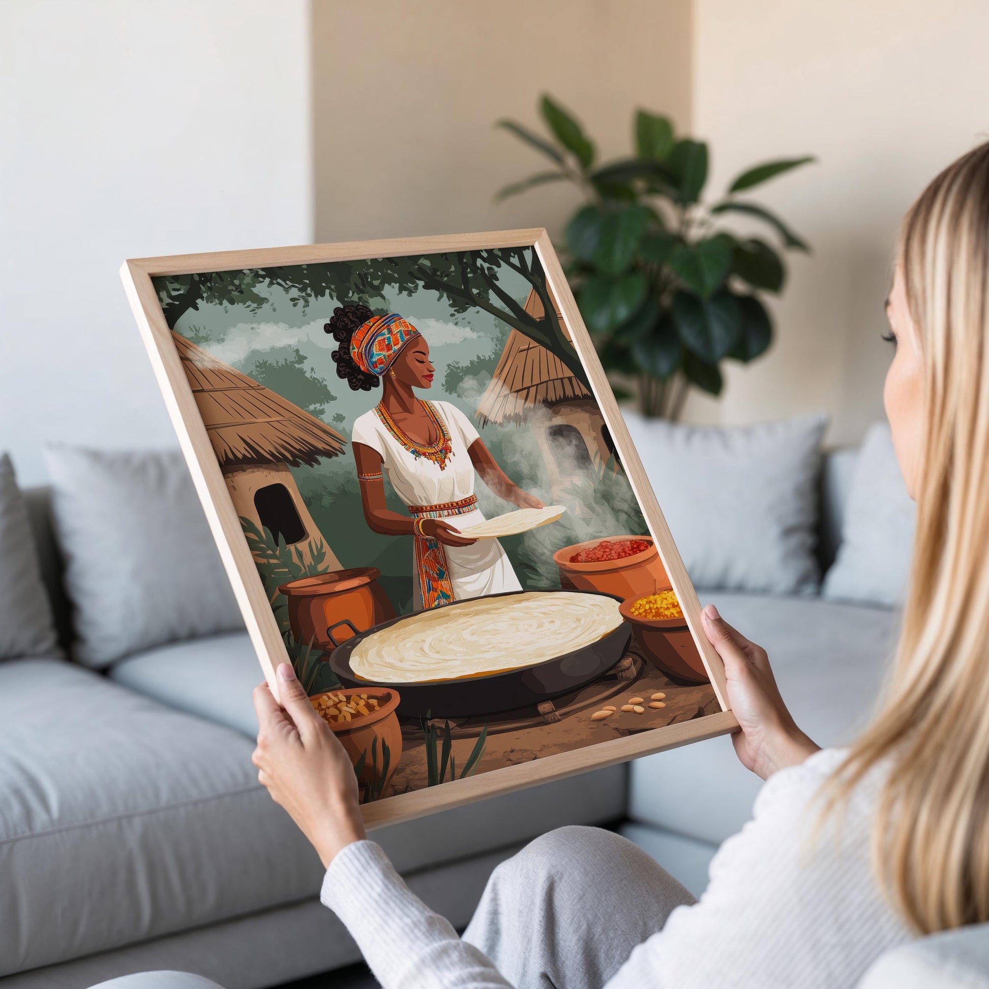 Ethiopian Woman Cooking Injera Art Print, Traditional African Kitchen, Cultural Decor