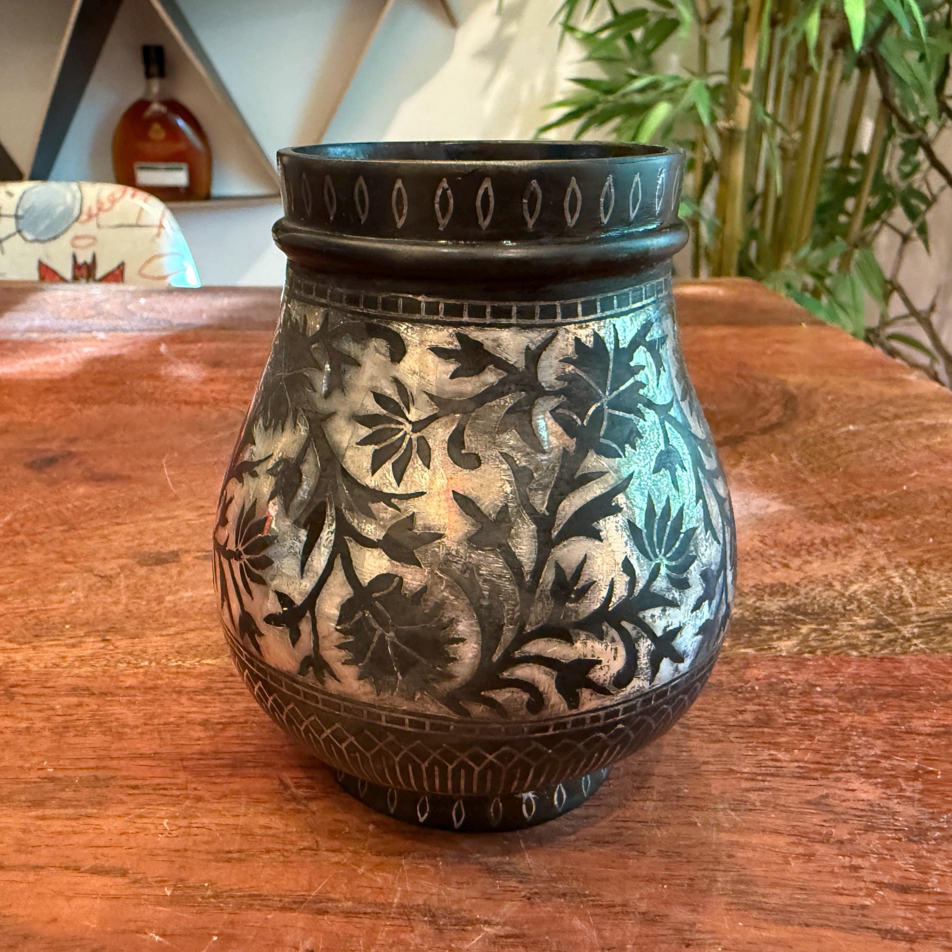 Antique 1800'S Asian Indian Mughal Bidri Ornate Inlaid Silver Jar - No Lid - Made in India - 19Th Century Home Decor - Upcycled Small Vase