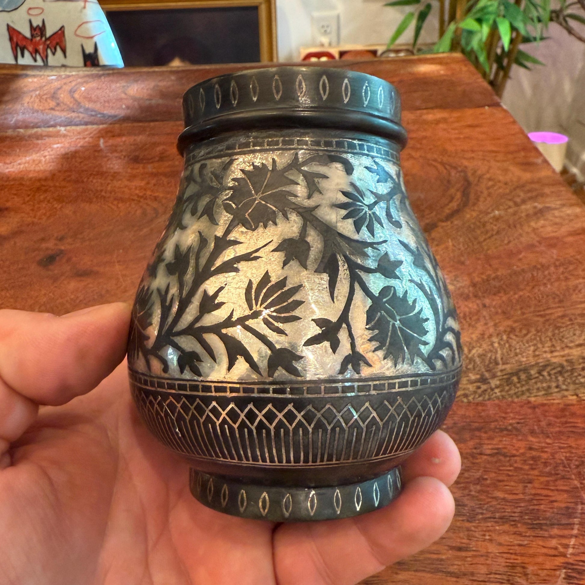 Antique 1800'S Asian Indian Mughal Bidri Ornate Inlaid Silver Jar - No Lid - Made in India - 19Th Century Home Decor - Upcycled Small Vase