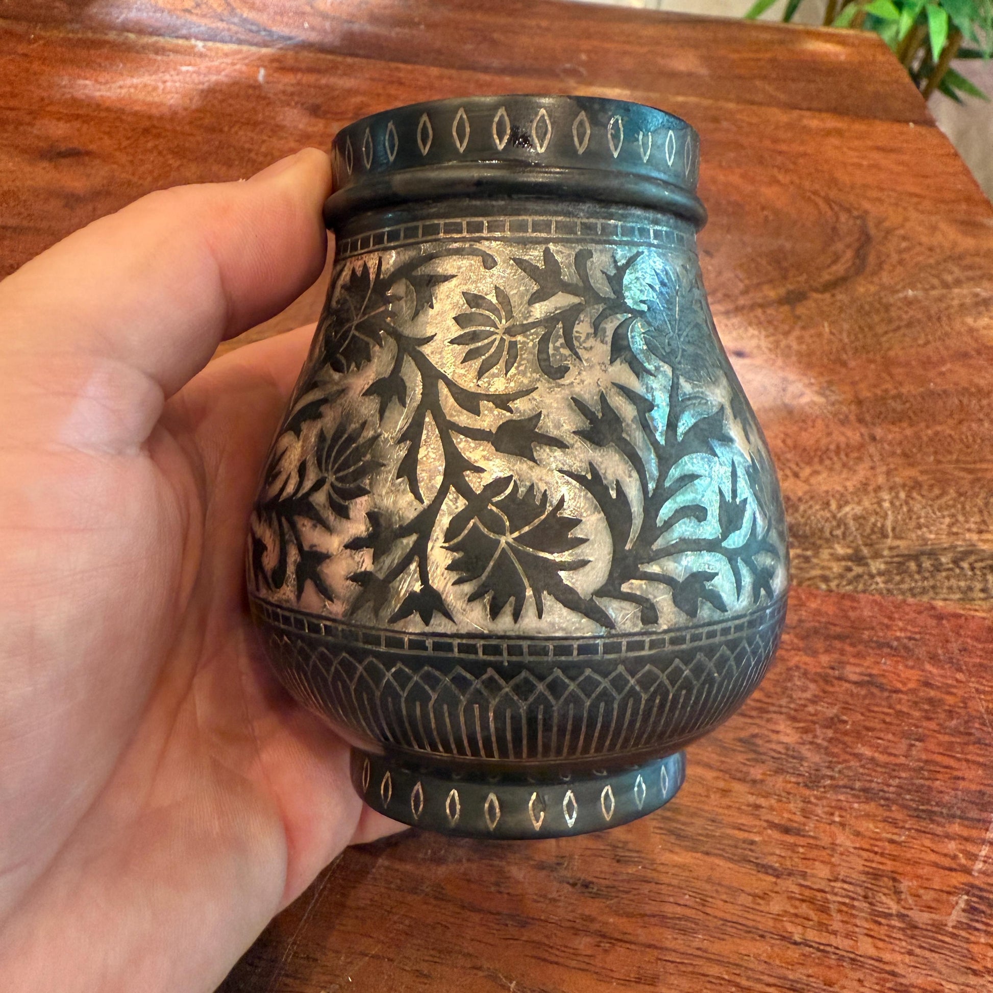 Antique 1800'S Asian Indian Mughal Bidri Ornate Inlaid Silver Jar - No Lid - Made in India - 19Th Century Home Decor - Upcycled Small Vase