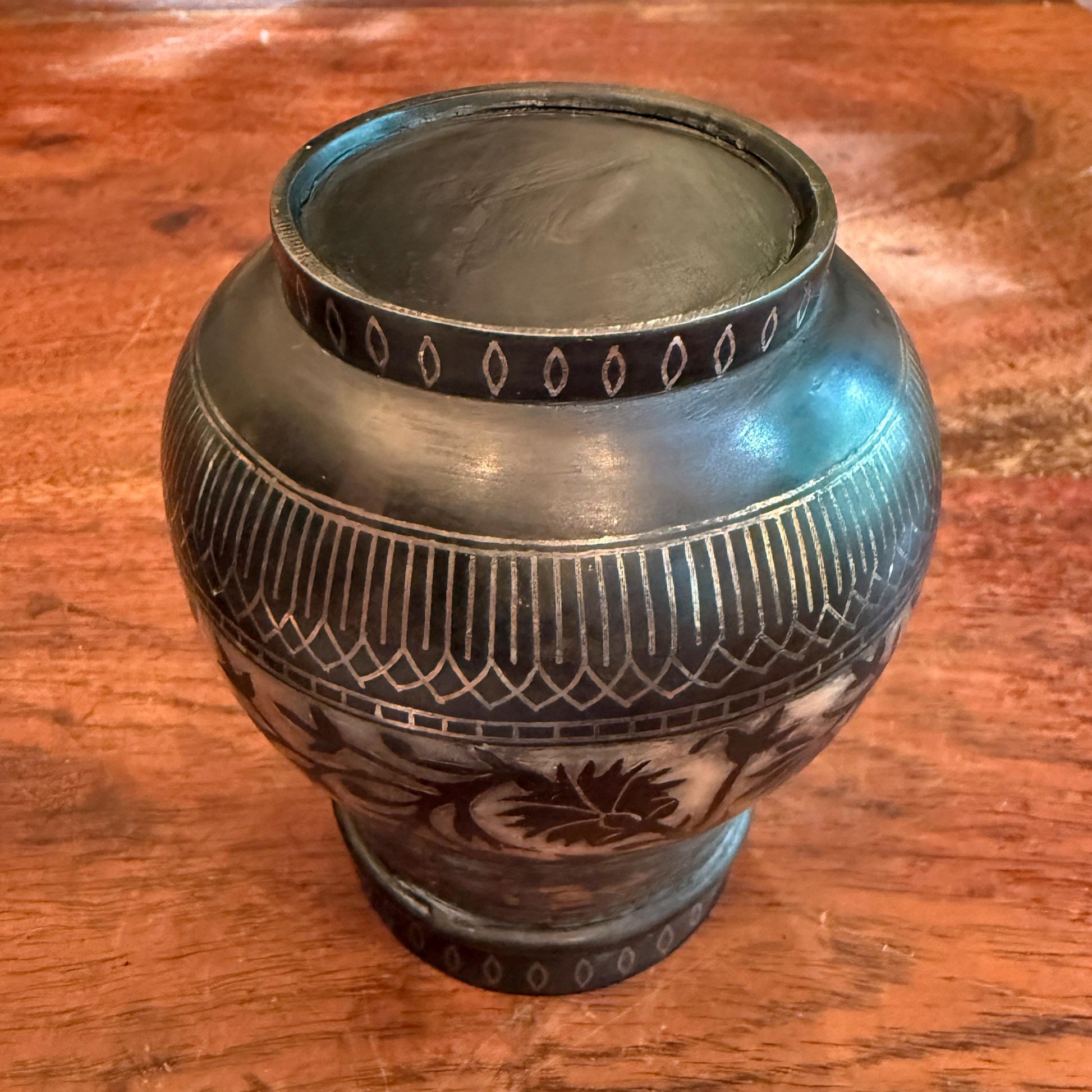 Antique 1800'S Asian Indian Mughal Bidri Ornate Inlaid Silver Jar - No Lid - Made in India - 19Th Century Home Decor - Upcycled Small Vase