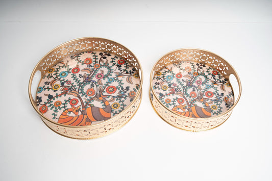 Decorative Trays Set of Two 10" and 8" | Indian Festival Decor | Return Gifts | Pichwai Trays | Housewarming | Half Saree Gifting Trays