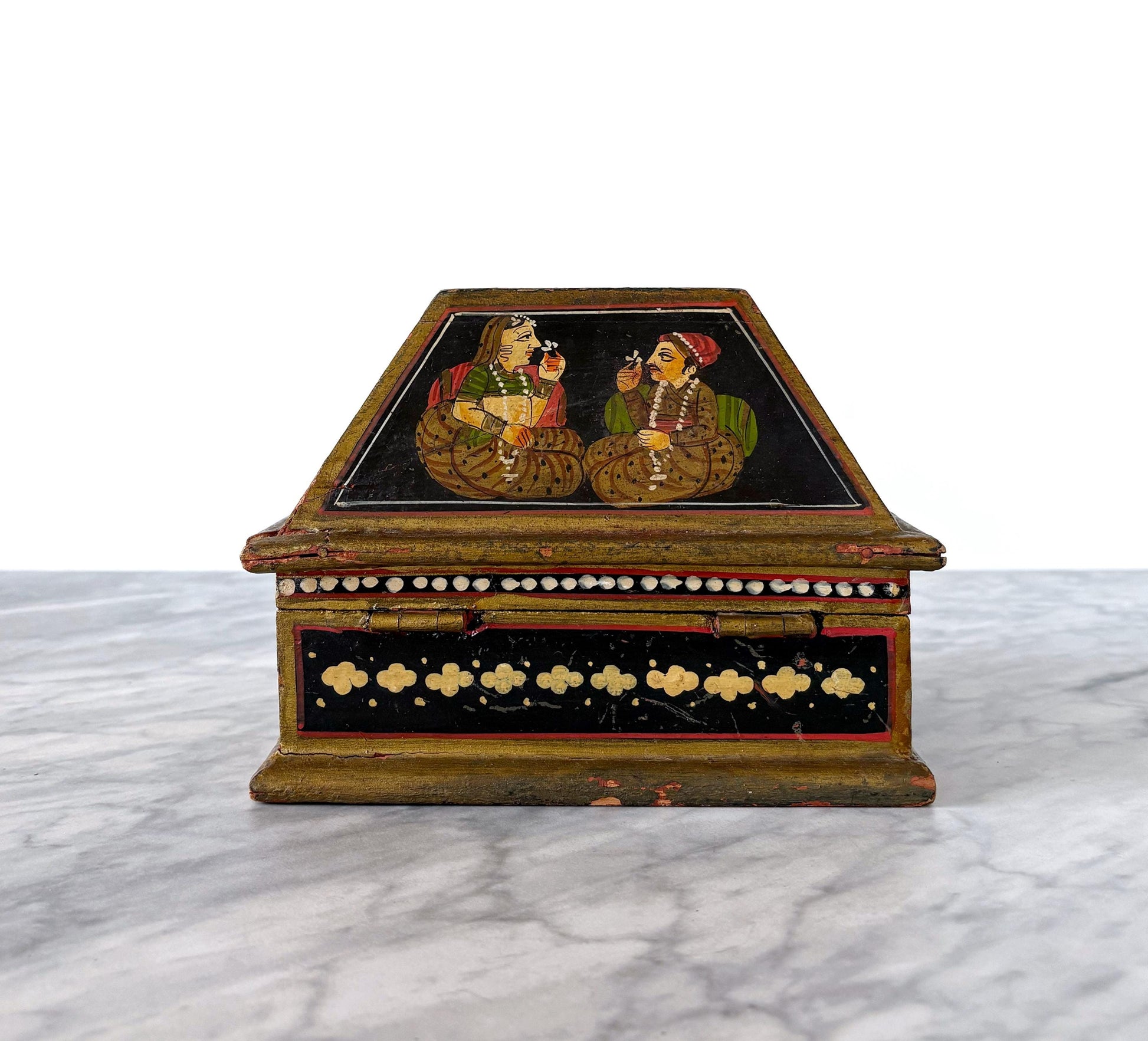 Vintage Hand Painted Indian Mughal Jewelry Chest Trinket Box - Global Folk Art Boho Style
