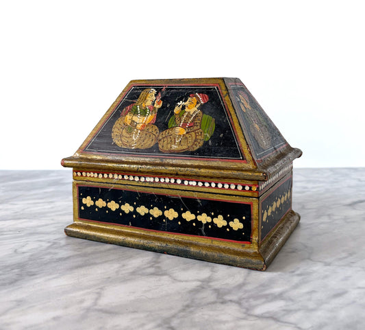 Vintage Hand Painted Indian Mughal Jewelry Chest Trinket Box - Global Folk Art Boho Style