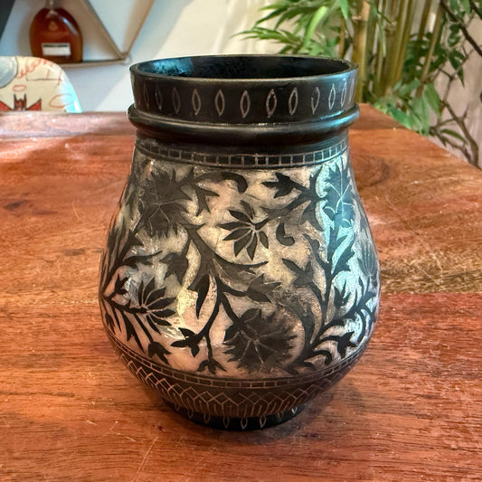 Antique 1800'S Asian Indian Mughal Bidri Ornate Inlaid Silver Jar - No Lid - Made in India - 19Th Century Home Decor - Upcycled Small Vase