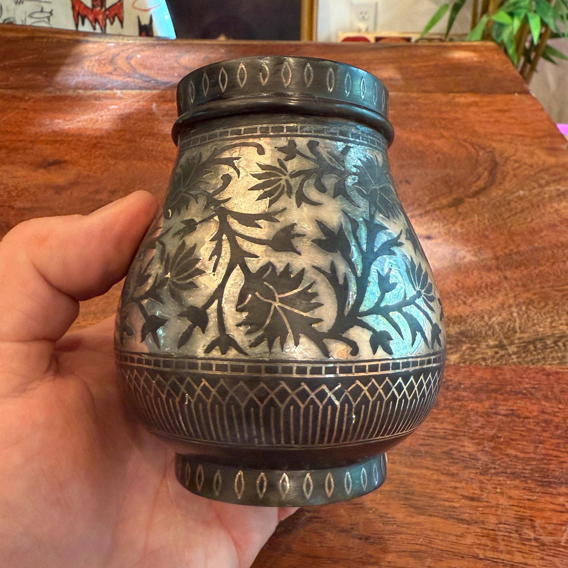 Antique 1800'S Asian Indian Mughal Bidri Ornate Inlaid Silver Jar - No Lid - Made in India - 19Th Century Home Decor - Upcycled Small Vase