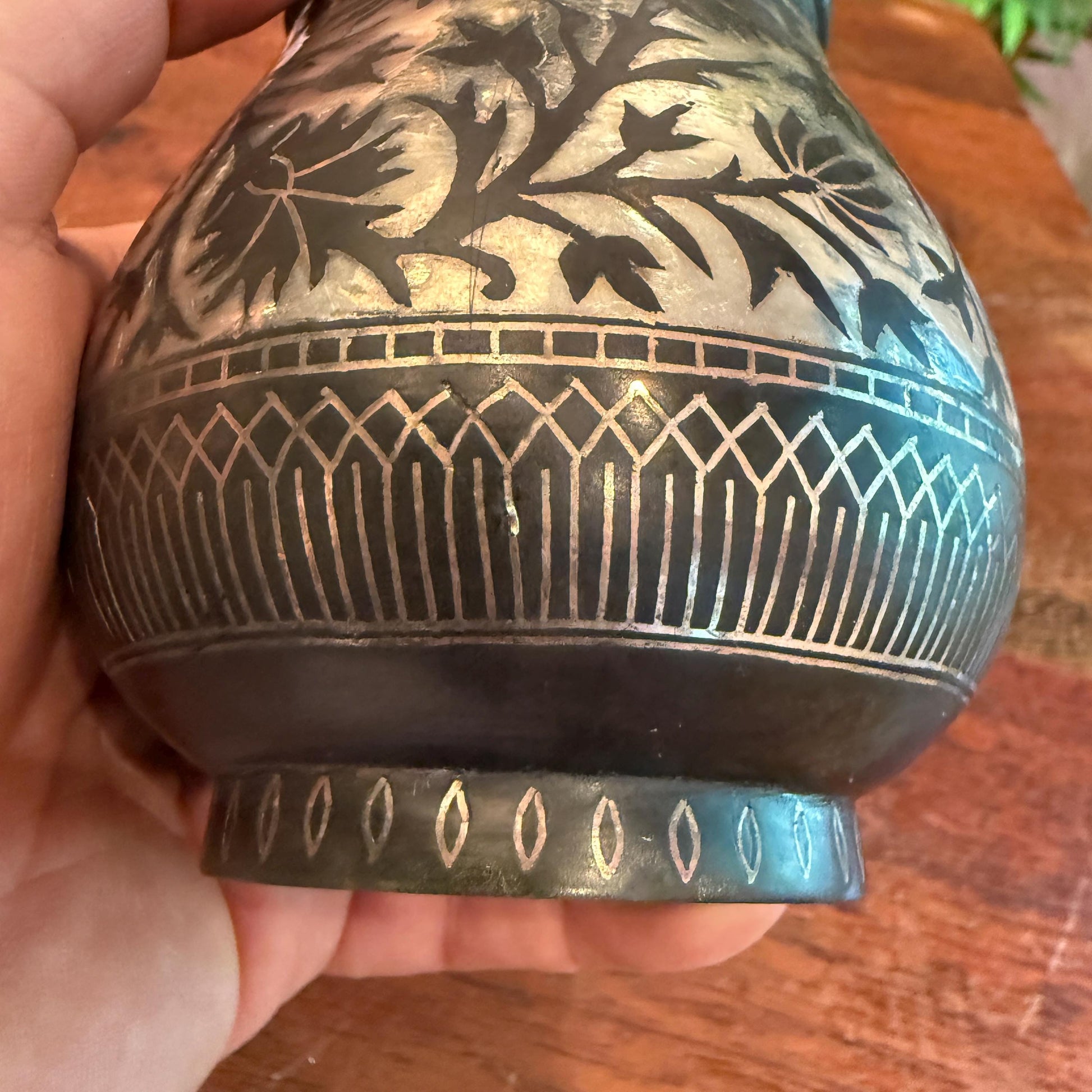 Antique 1800'S Asian Indian Mughal Bidri Ornate Inlaid Silver Jar - No Lid - Made in India - 19Th Century Home Decor - Upcycled Small Vase