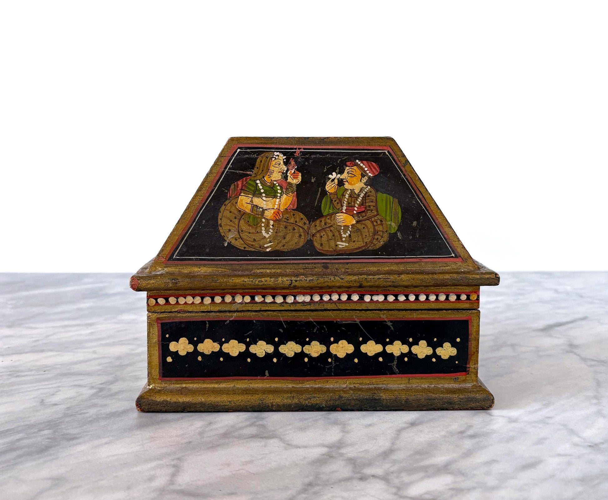 Vintage Hand Painted Indian Mughal Jewelry Chest Trinket Box - Global Folk Art Boho Style