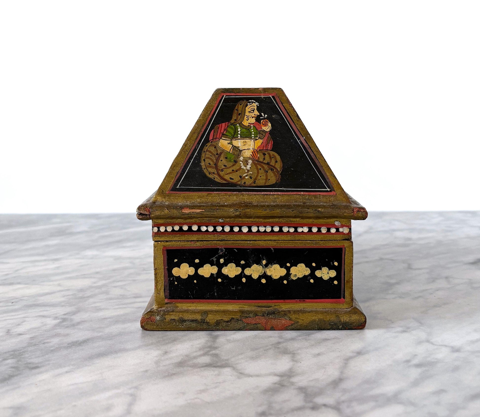 Vintage Hand Painted Indian Mughal Jewelry Chest Trinket Box - Global Folk Art Boho Style