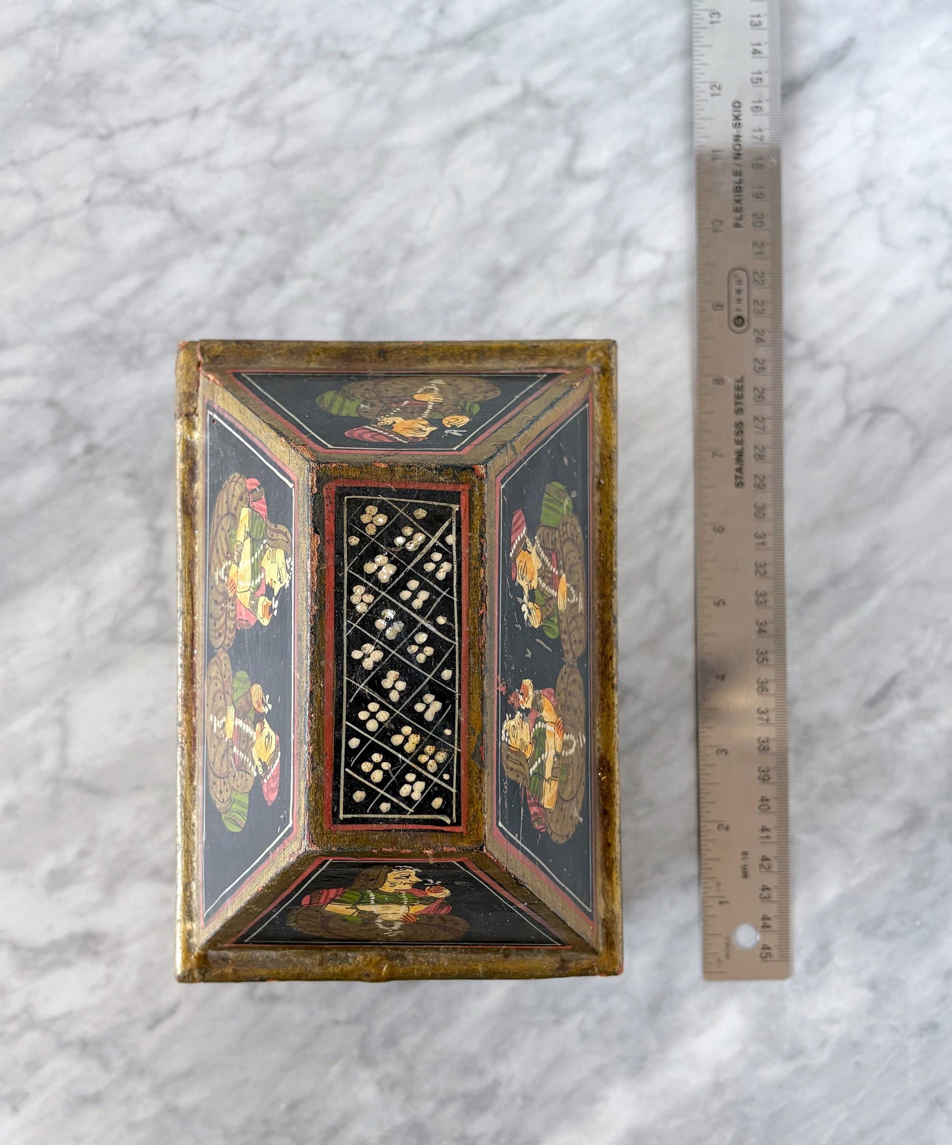 Vintage Hand Painted Indian Mughal Jewelry Chest Trinket Box - Global Folk Art Boho Style