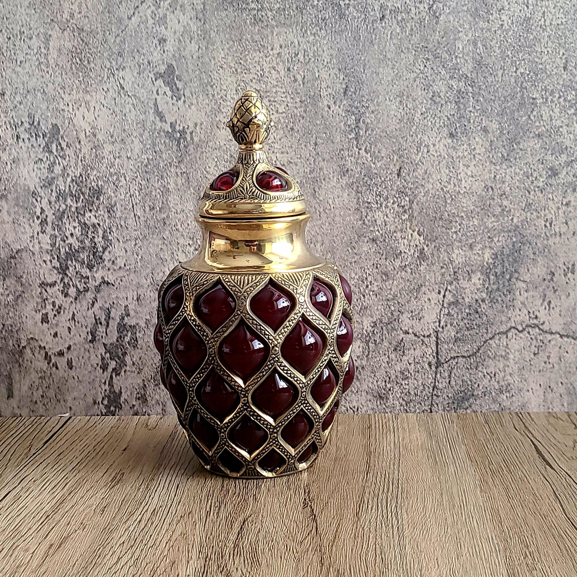 Brass & Expanded Ruby Glass Decorative Urn W/ Finial Lid