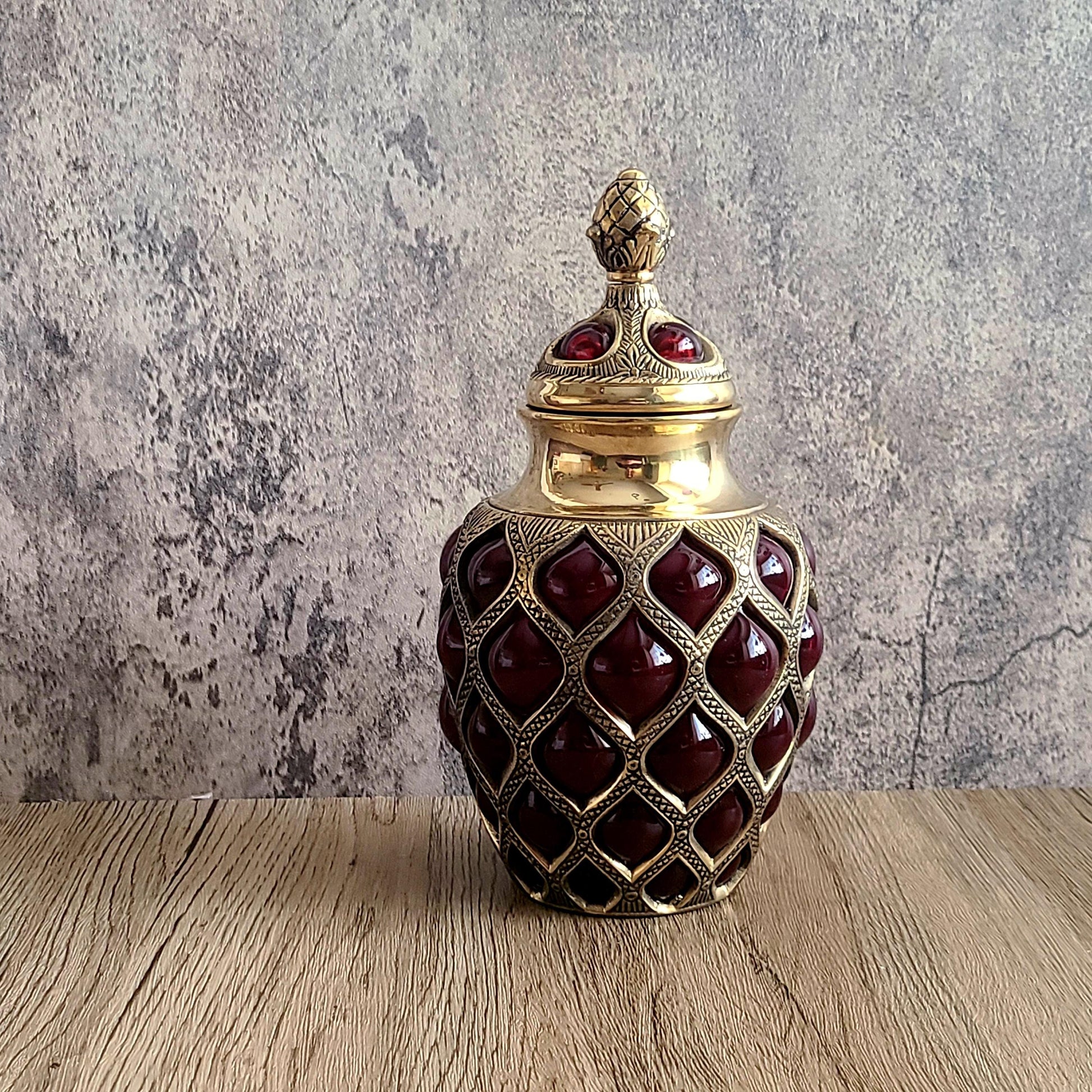 Brass & Expanded Ruby Glass Decorative Urn W/ Finial Lid