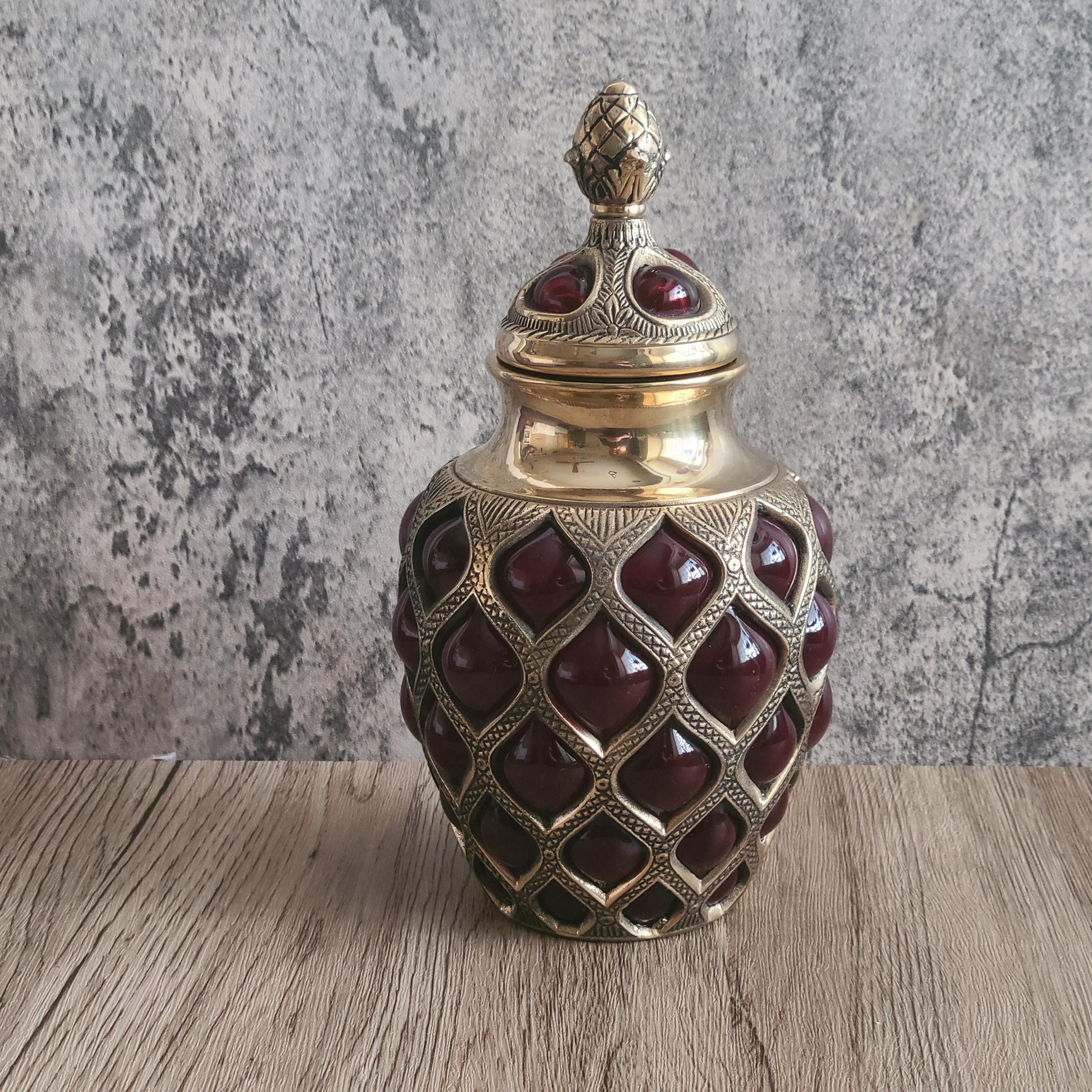 Brass & Expanded Ruby Glass Decorative Urn W/ Finial Lid