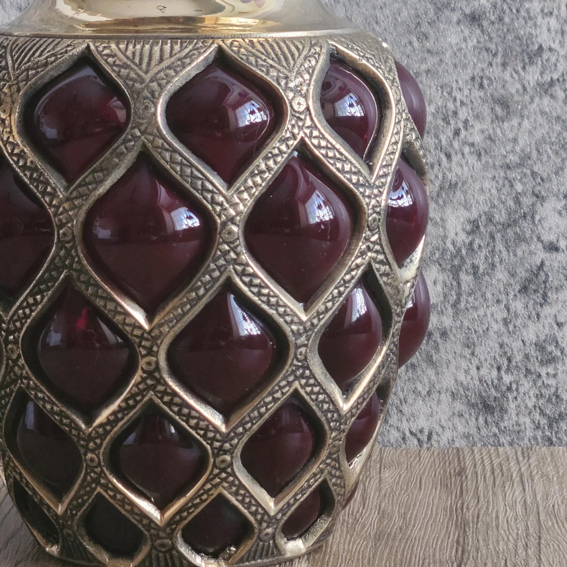 Brass & Expanded Ruby Glass Decorative Urn W/ Finial Lid