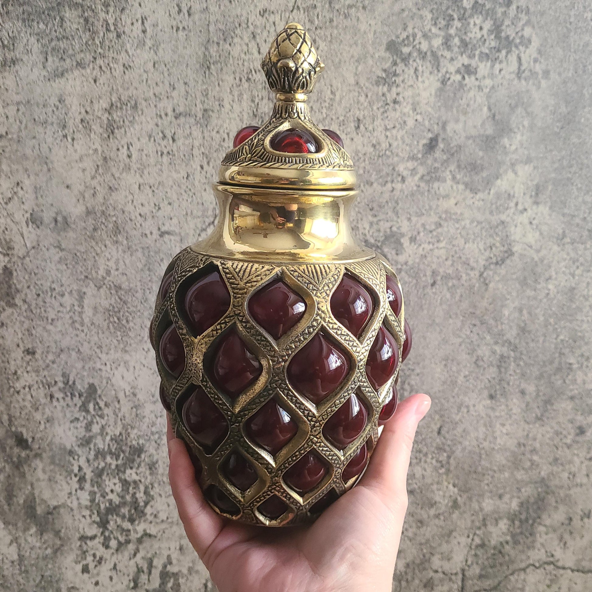 Brass & Expanded Ruby Glass Decorative Urn W/ Finial Lid
