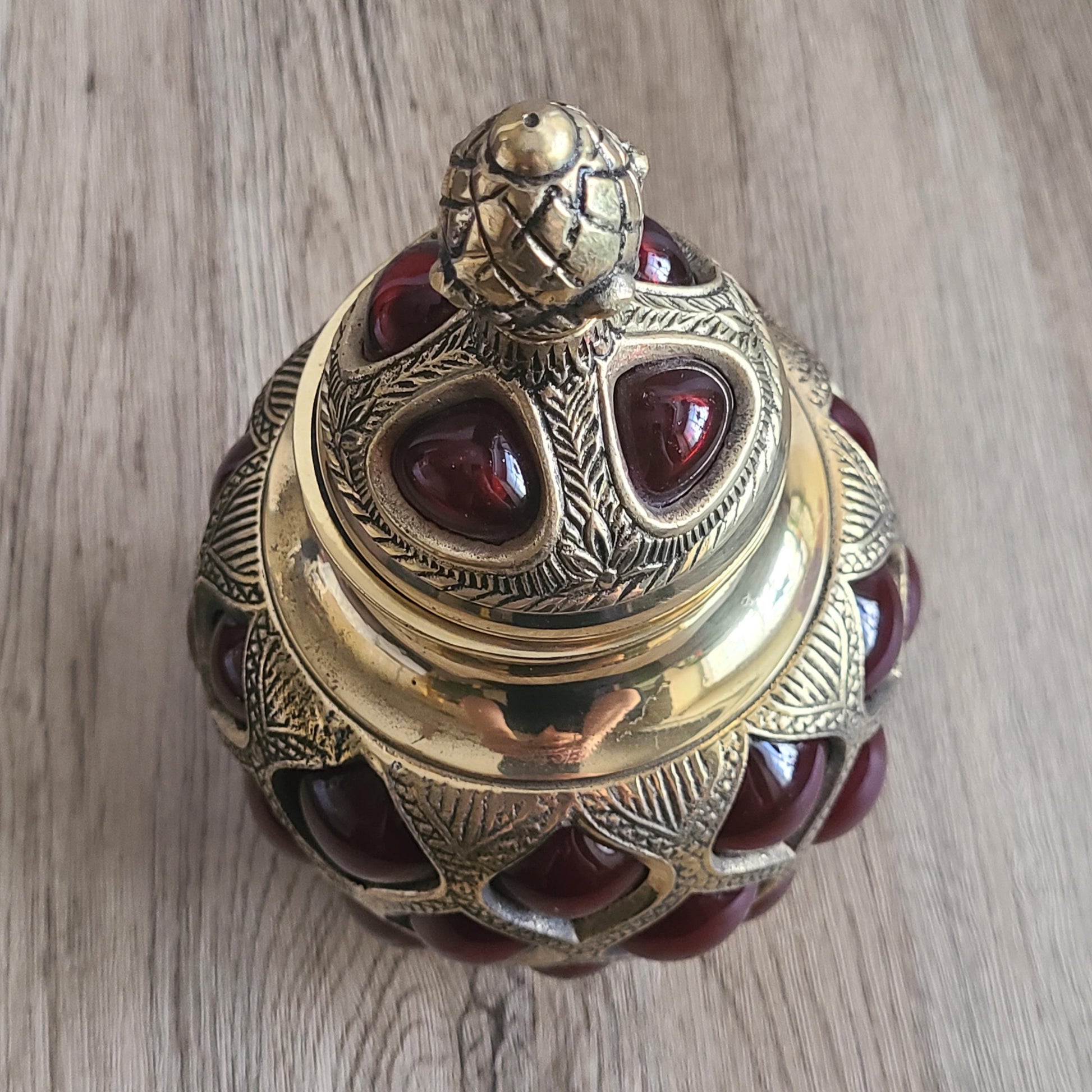 Brass & Expanded Ruby Glass Decorative Urn W/ Finial Lid
