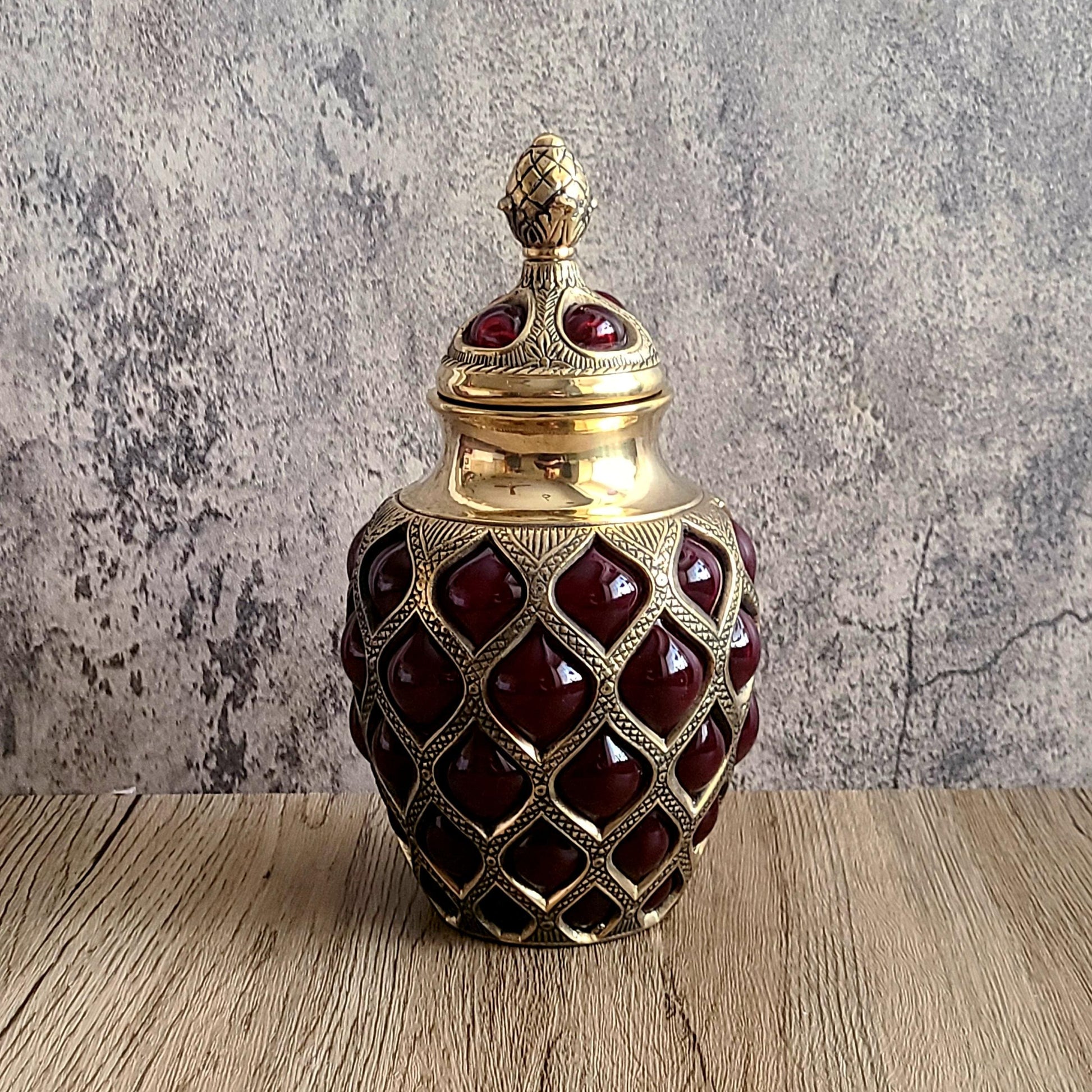 Brass & Expanded Ruby Glass Decorative Urn W/ Finial Lid