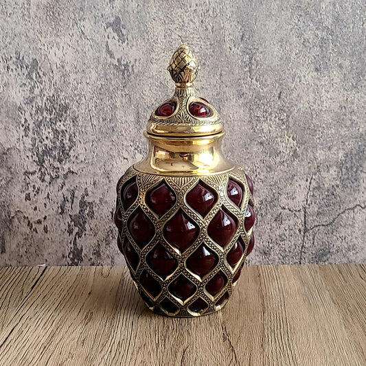 Brass & Expanded Ruby Glass Decorative Urn W/ Finial Lid