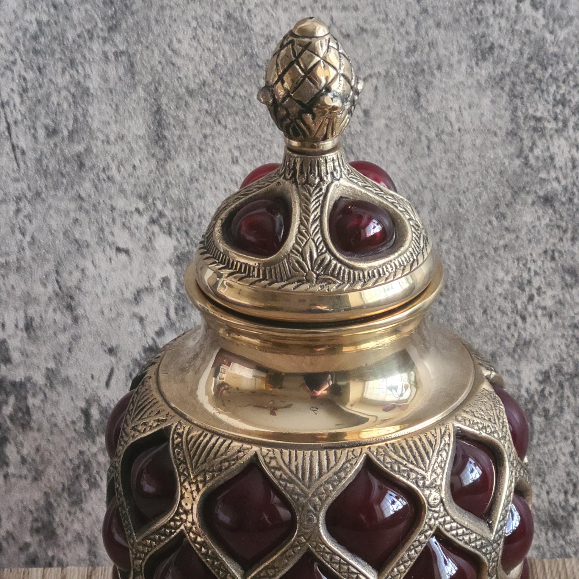 Brass & Expanded Ruby Glass Decorative Urn W/ Finial Lid