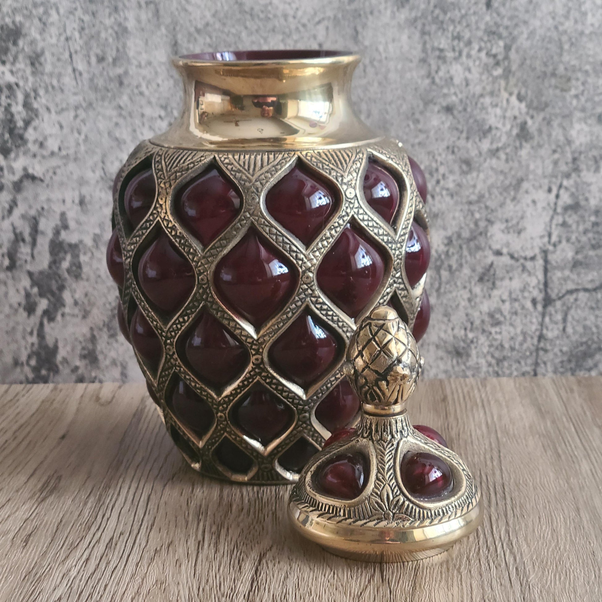 Brass & Expanded Ruby Glass Decorative Urn W/ Finial Lid