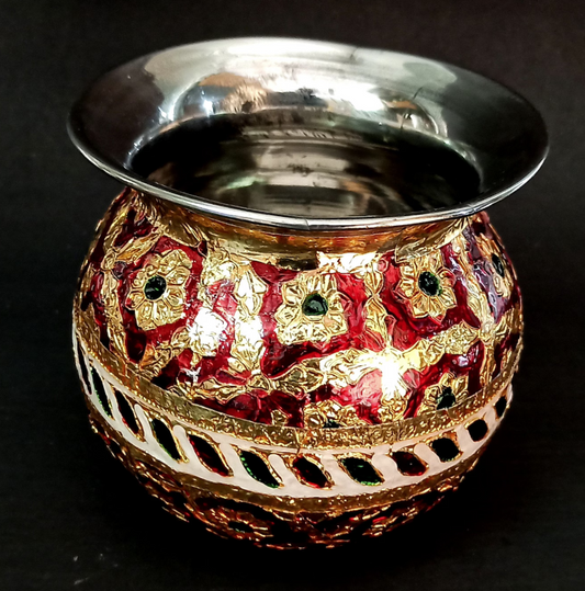 Golden Multi Color round Water Pot for Temple Pooja Mandir Decoration Item Indian Religious Traditional Design Lota 150 Ml Capacity