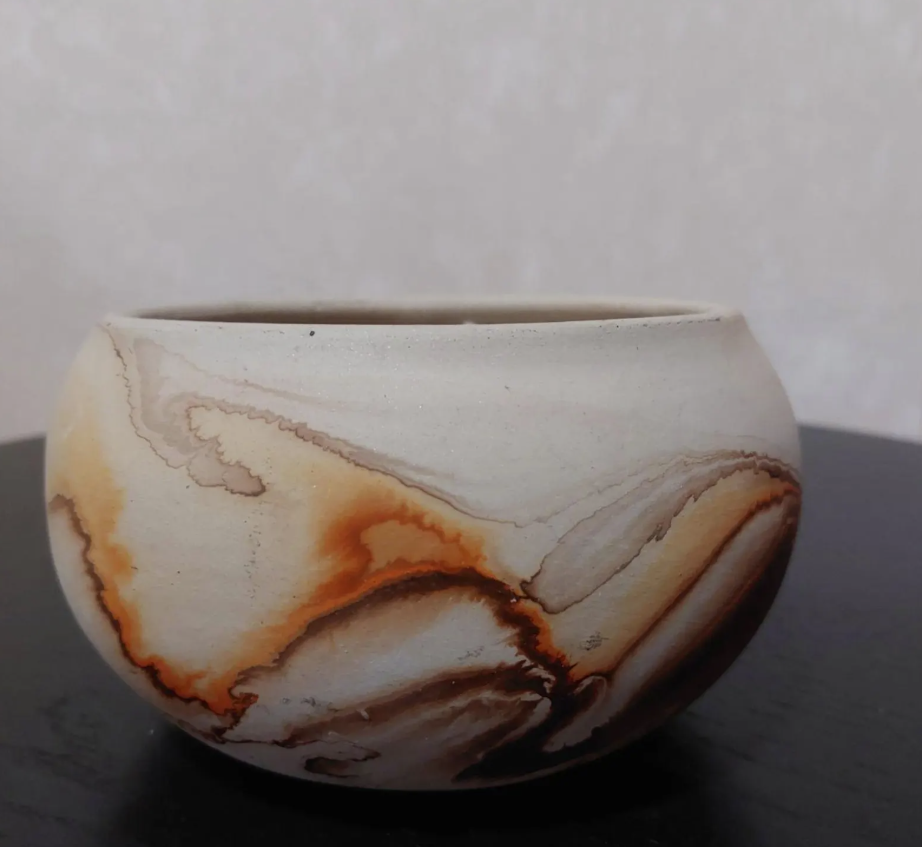 Nemadji Indian River Pottery Bowl, Made in USA Hand Crafted Indian Pottery Small Bowl Vase, Cream Rust Brick Red Black Clay