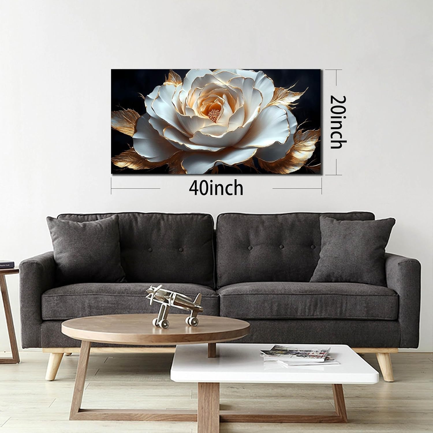 Large White Flower Canvas Wall Art for Living Room Bedroom Home Office Black and White Flower Picture Modern Canvas Prints Framed Wall Decor Artwork Size 20X40