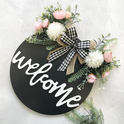 Welcome Sign for Front Door, Farmhouse Porch Décor Wooden Hanging round Sign 12" Black-Floral